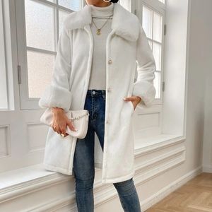 White faux fur collar & sleeve jacket with gold & pearl buttons